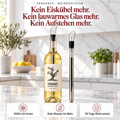 Weinkühlstab in einer Flasche Weisswein, daneben ein zweiter Stab – kein Eiskübel, kein lauwarmes Glas, kein Aufstehen mehr