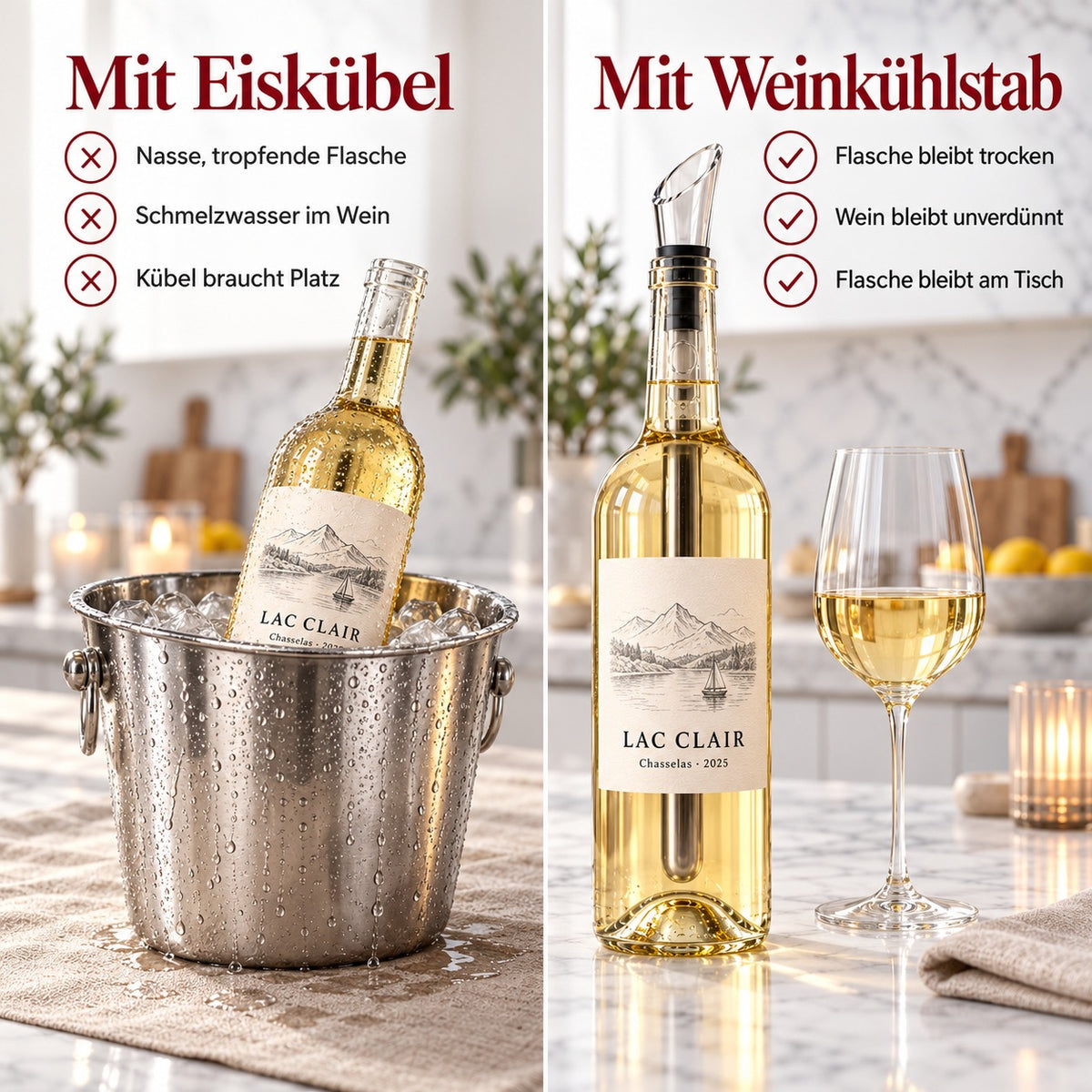 Vergleich: tropfende Flasche im Eiskübel gegen trockene Flasche mit Weinkühlstab am Tisch