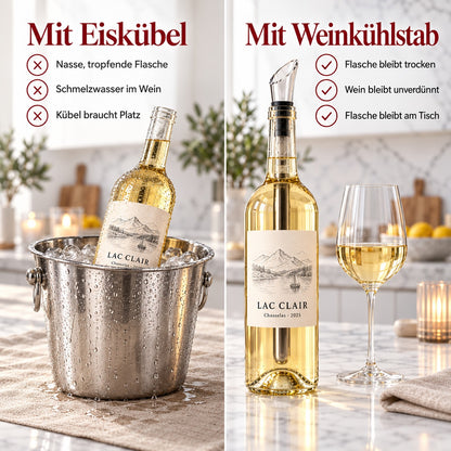 Vergleich: tropfende Flasche im Eiskübel gegen trockene Flasche mit Weinkühlstab am Tisch