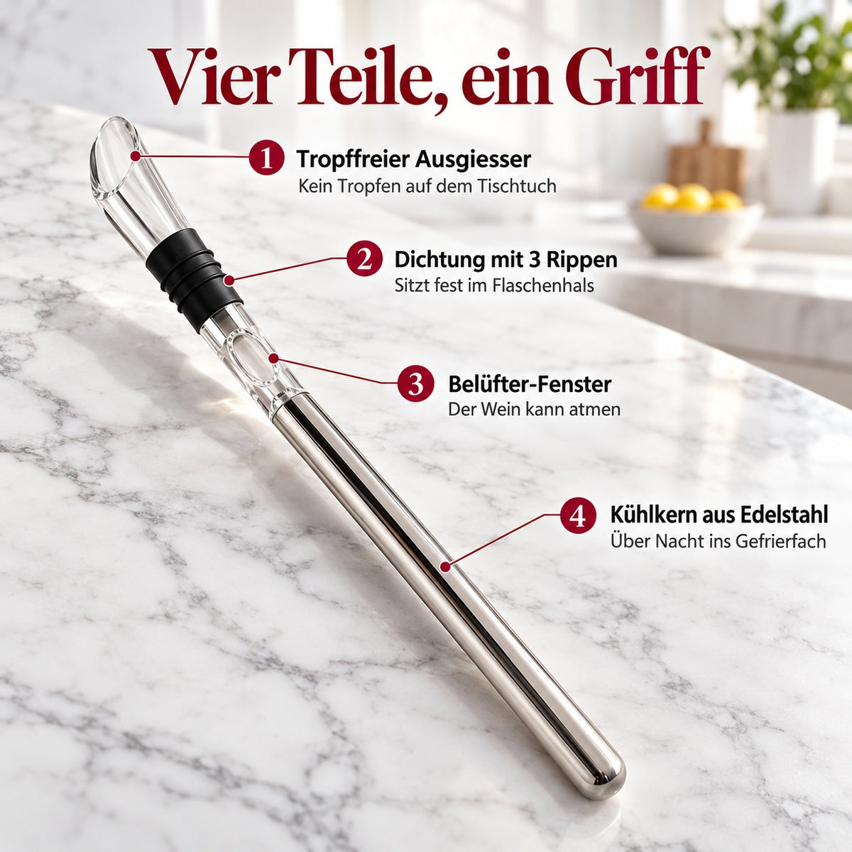 Aufbau des Weinkühlstabs: tropffreier Ausgiesser, Dichtung mit 3 Rippen, Belüfter-Fenster, Kühlkern aus Edelstahl