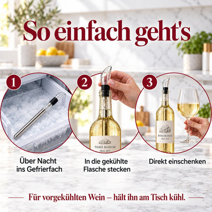 So einfach geht es: über Nacht ins Gefrierfach, in die gekühlte Flasche stecken, direkt einschenken