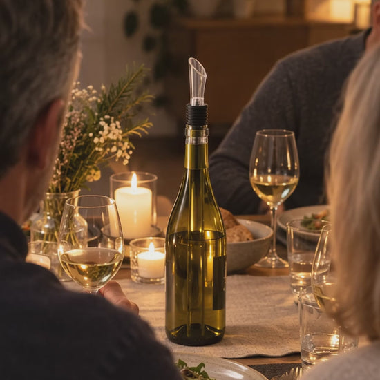 Gäste am Abendtisch, Flasche Weisswein mit Weinkühlstab in der Mitte