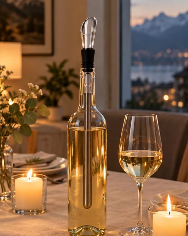Weissweinflasche mit Weinkühlstab auf einem Tisch bei Kerzenlicht