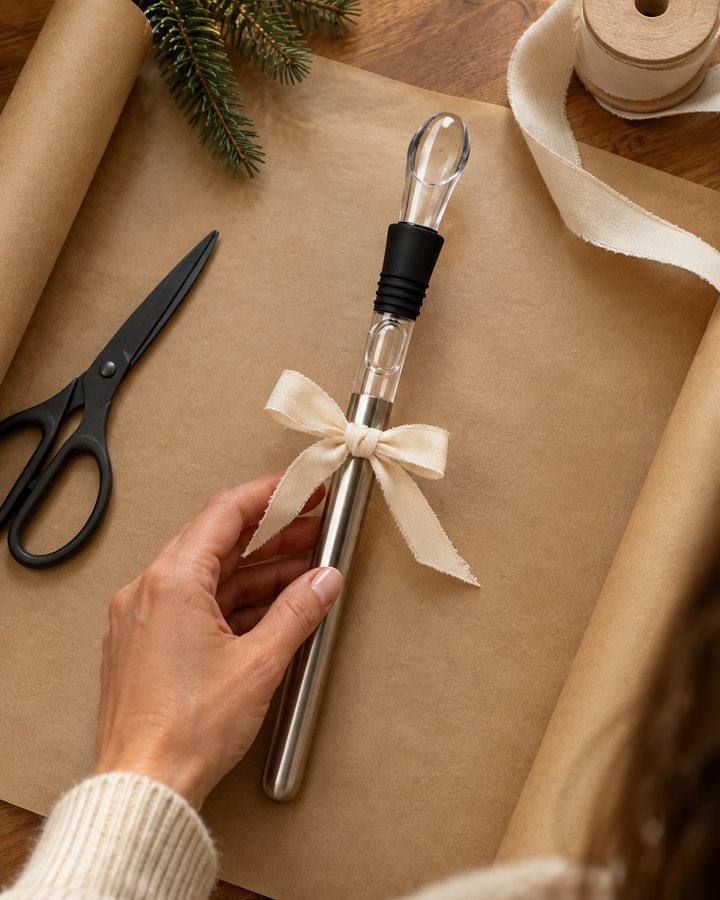 Weinkühlstab mit Schleife beim Einpacken auf Packpapier